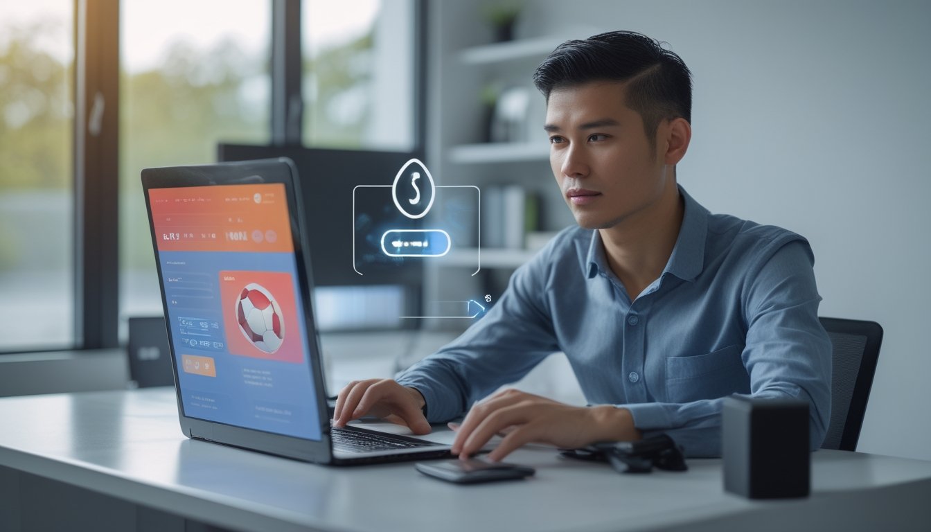 Seorang profesional menggunakan laptop dengan tampilan sepak bola dan konfirmasi pembayaran digital di sampingnya.