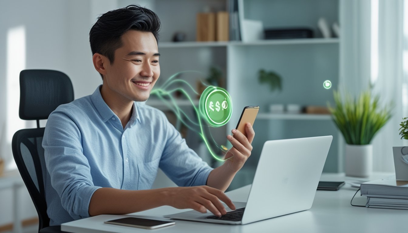 Seseorang tersenyum menggunakan laptop dan ponsel untuk menyelesaikan transfer dana digital.