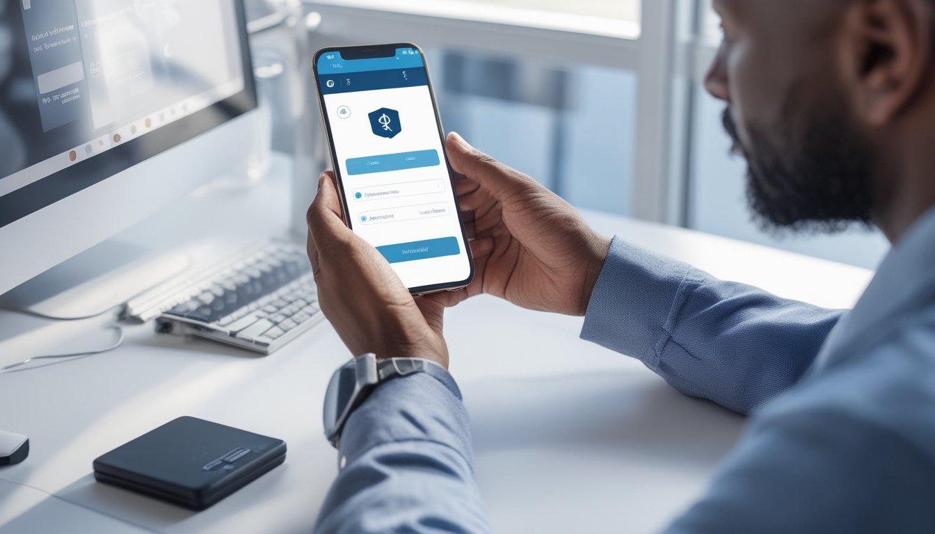 Orang dewasa memverifikasi identitas dan dompet digital melalui ponsel di meja kerja.
