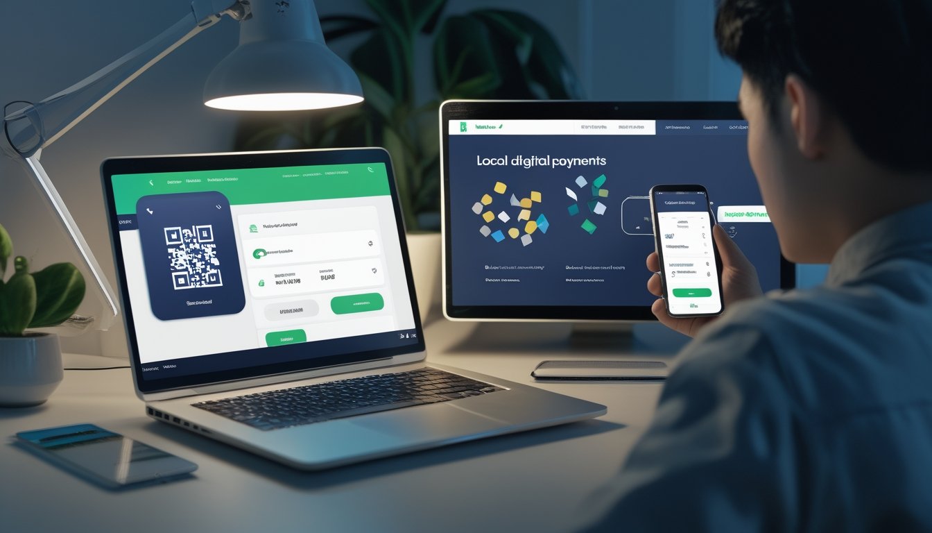 Seseorang menggunakan ponsel dan laptop untuk melakukan pembayaran digital melalui kode QR dan aplikasi bank.