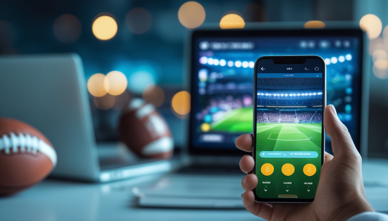 Seseorang menggunakan smartphone untuk melihat pertandingan sepak bola secara langsung di dekat sebuah bola.