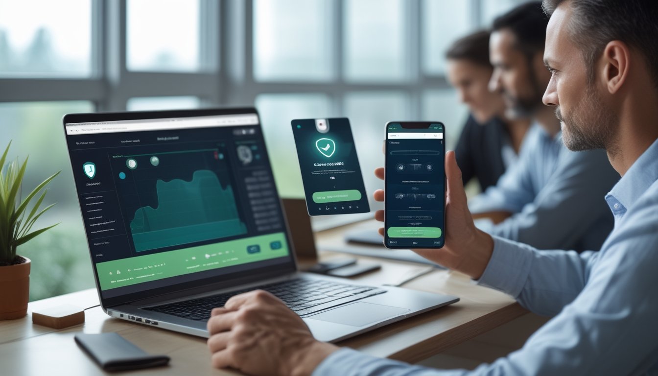 Orang dewasa meninjau platform sepak bola daring yang aman di ruang kerja modern dengan simbol perisai dan tanda verifikasi.