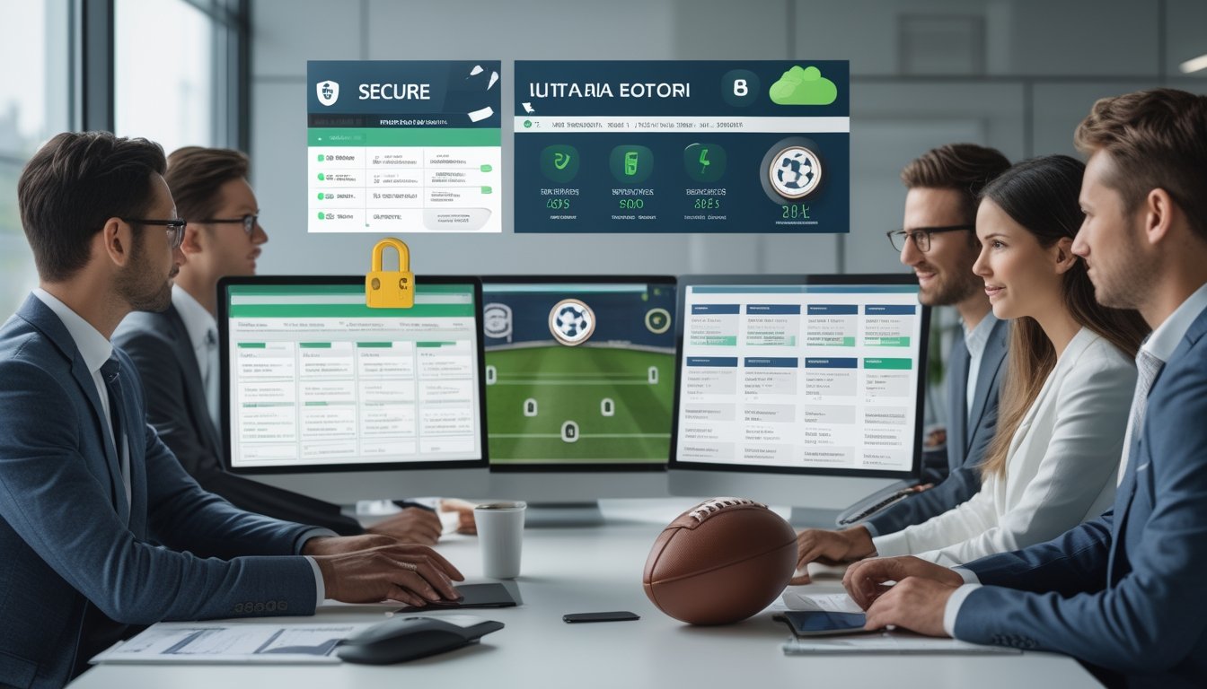 Tim kepatuhan meninjau platform taruhan sepak bola daring yang aman di kantor modern.