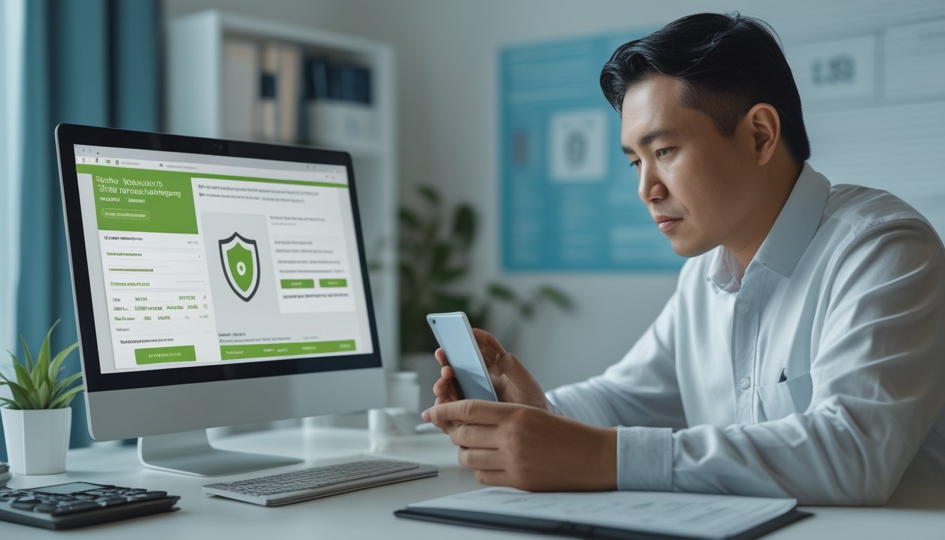 Orang dewasa memeriksa keamanan platform olahraga daring di laptop dan ponsel dengan simbol perlindungan akun di meja kerja.