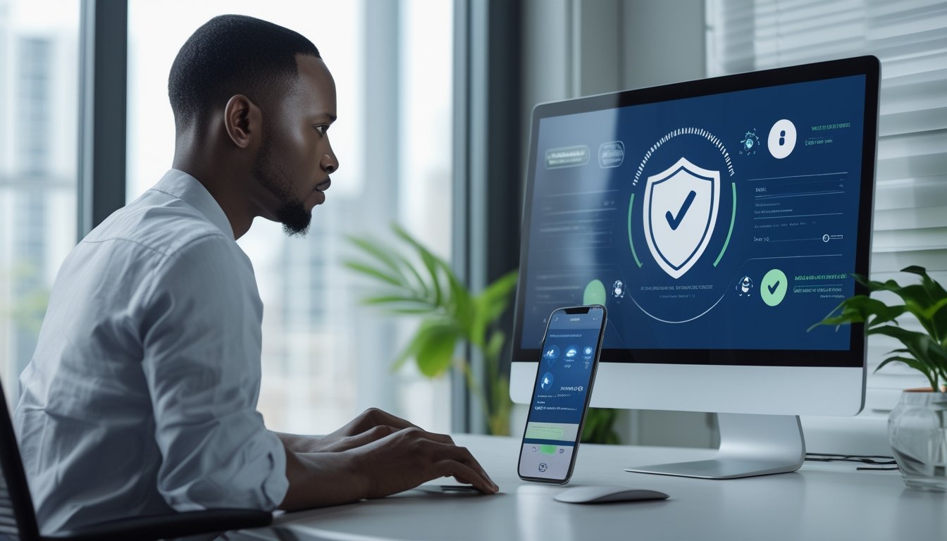 Seseorang memeriksa keamanan dan legalitas platform online melalui laptop dan ponsel di meja kerja.