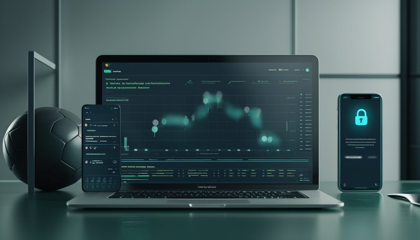 Laptop dan ponsel dengan simbol perisai gembok serta bola sepak di meja kerja modern.