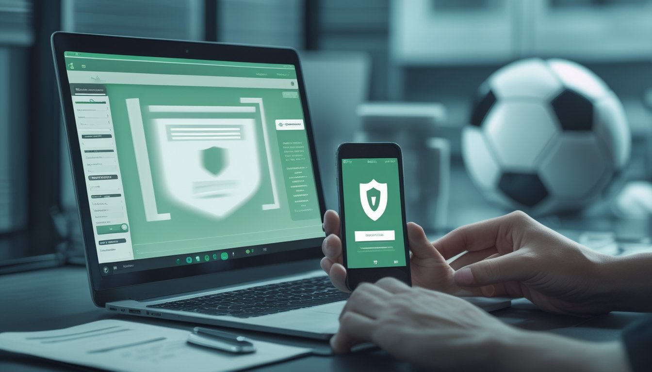 Seseorang memeriksa portal olahraga pada laptop dan ponsel dengan simbol keamanan serta verifikasi.