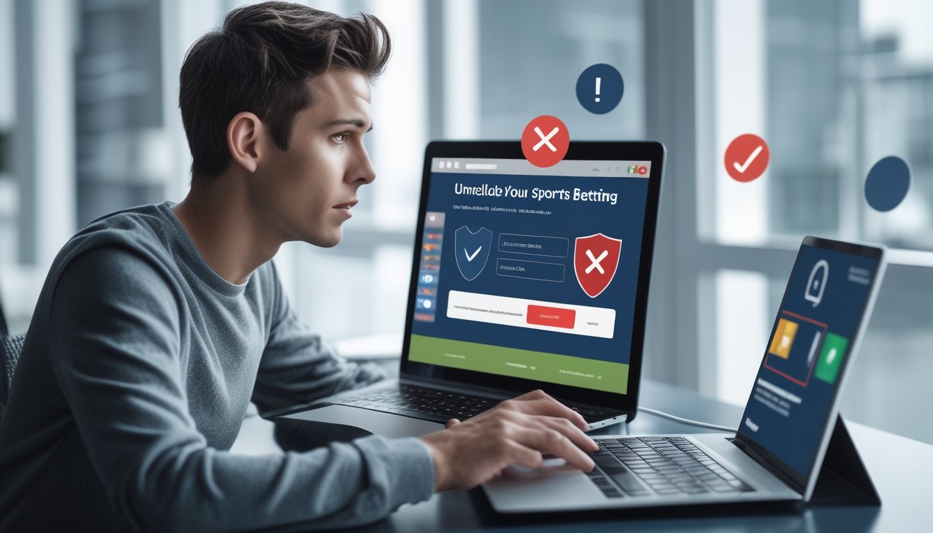 Seorang pemula memeriksa situs taruhan sepak bola mencurigakan di laptop dengan simbol peringatan keamanan.