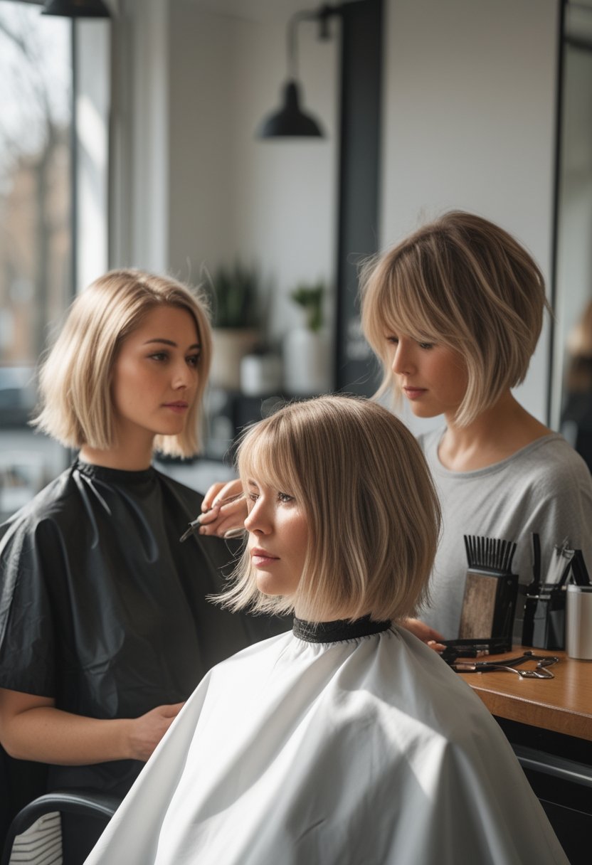 Several people with layered bob hairstyles are shown in a naturally lit hair salon while a stylist adjusts one haircut.