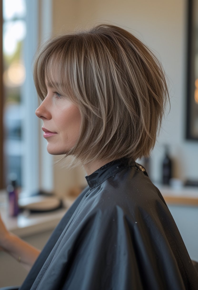 A person with a chin-length layered bob haircut sits in a casual hair-styling setting.