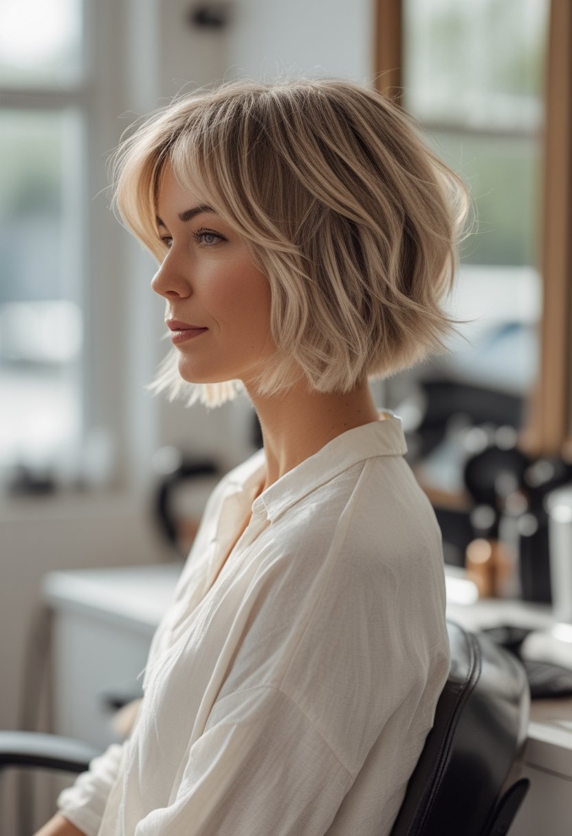 A woman with a short layered feathered bob haircut sits in a bright, casual styling space.