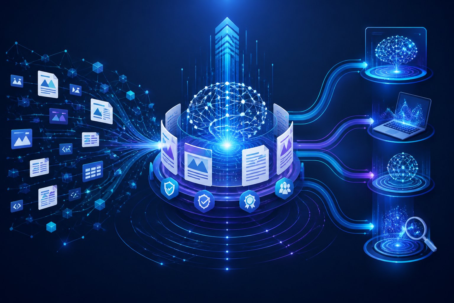 An organized digital knowledge network flowing into intelligent search systems.