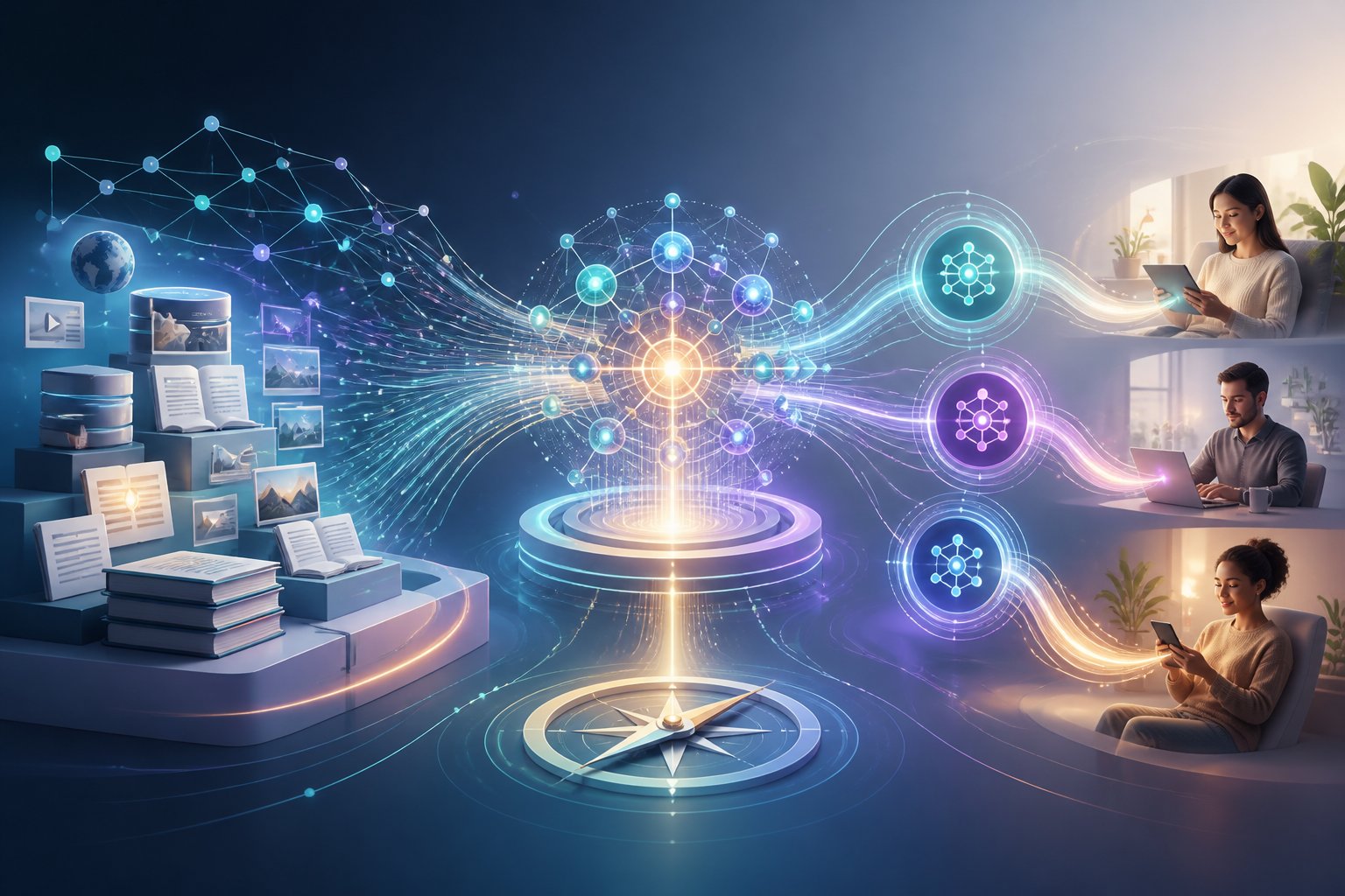 An organized digital knowledge hub connects information sources with AI systems that deliver clear answers to people.