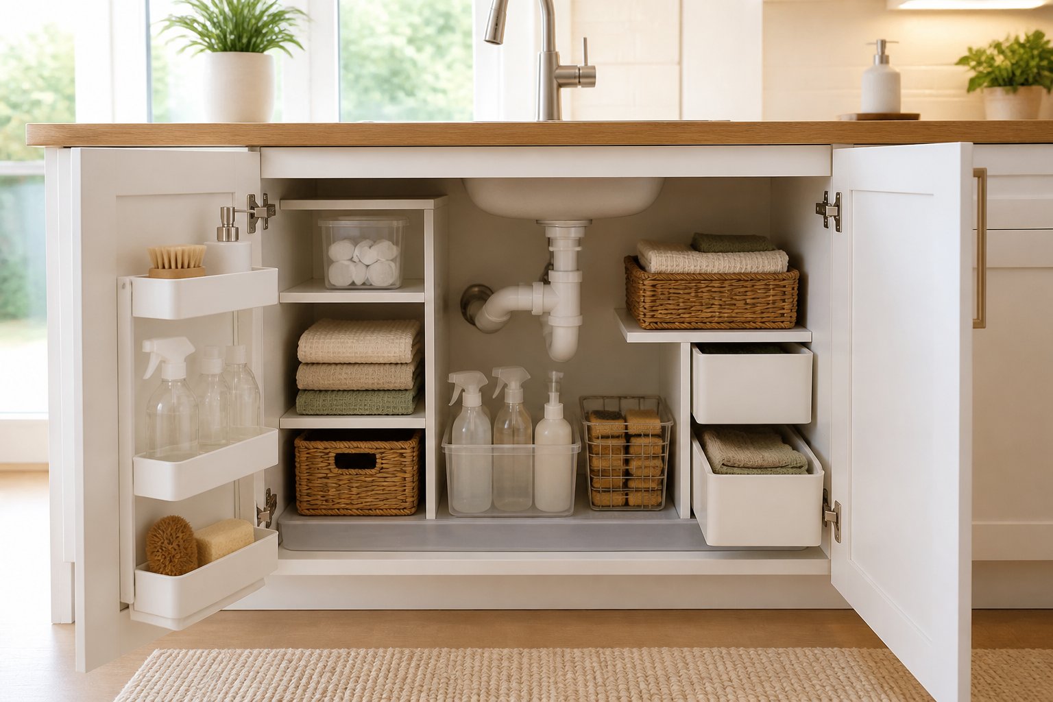An open kitchen cabinet beneath a sink with cleaning supplies and household items neatly arranged in bins, baskets, and drawers.