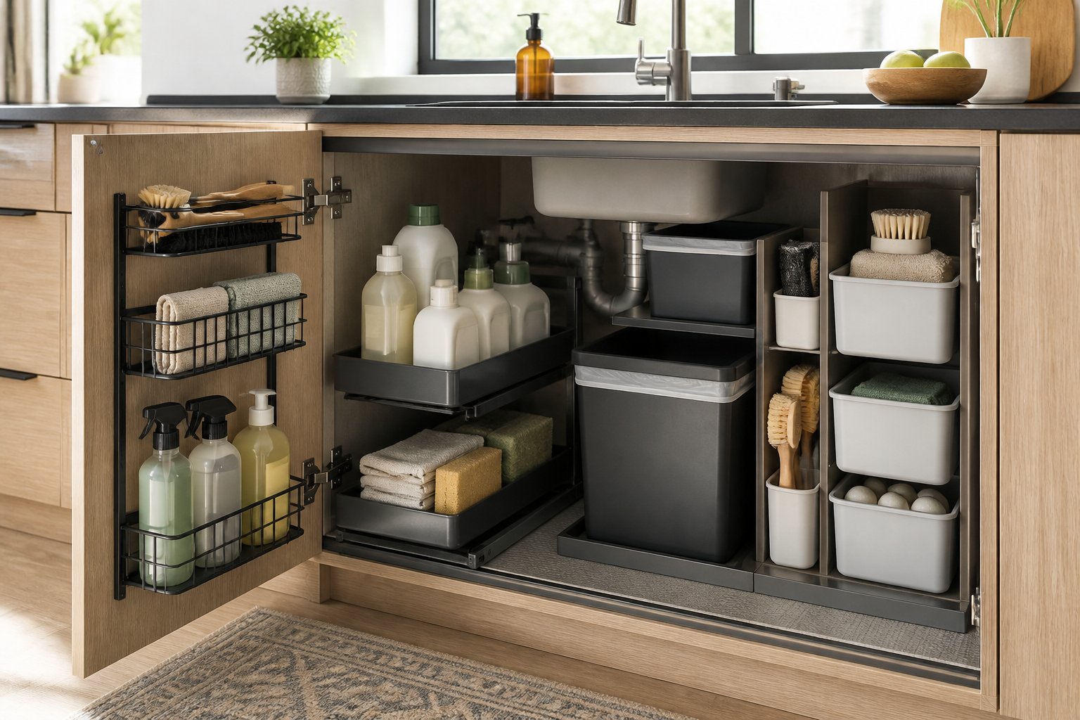 An organized open cabinet beneath a kitchen sink with cleaning supplies, storage bins, drawers, and recycling containers.