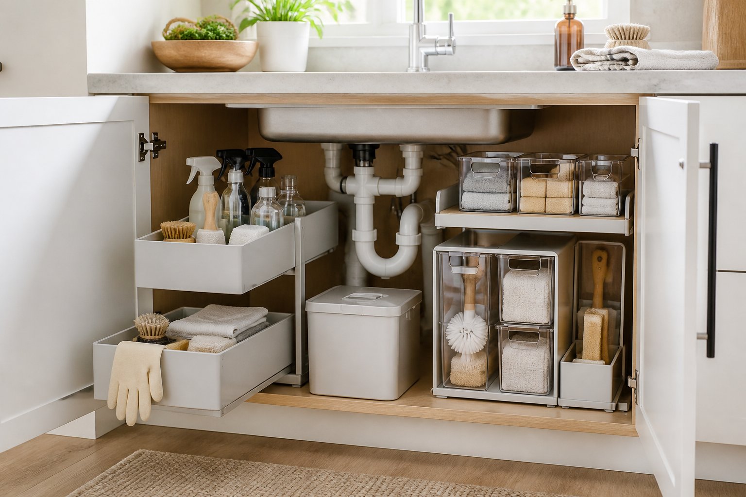 An open kitchen cabinet beneath the sink with cleaning supplies neatly organized in pull-out drawers, bins, and shelves.