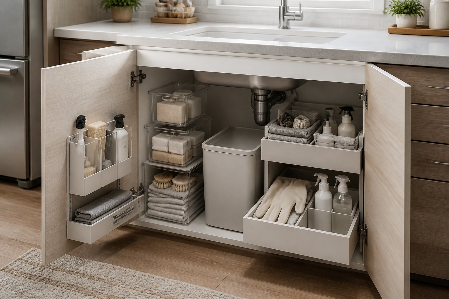 An open cabinet beneath a kitchen sink neatly arranged with bins, drawers, cleaning supplies, cloths, and a compact recycling container.