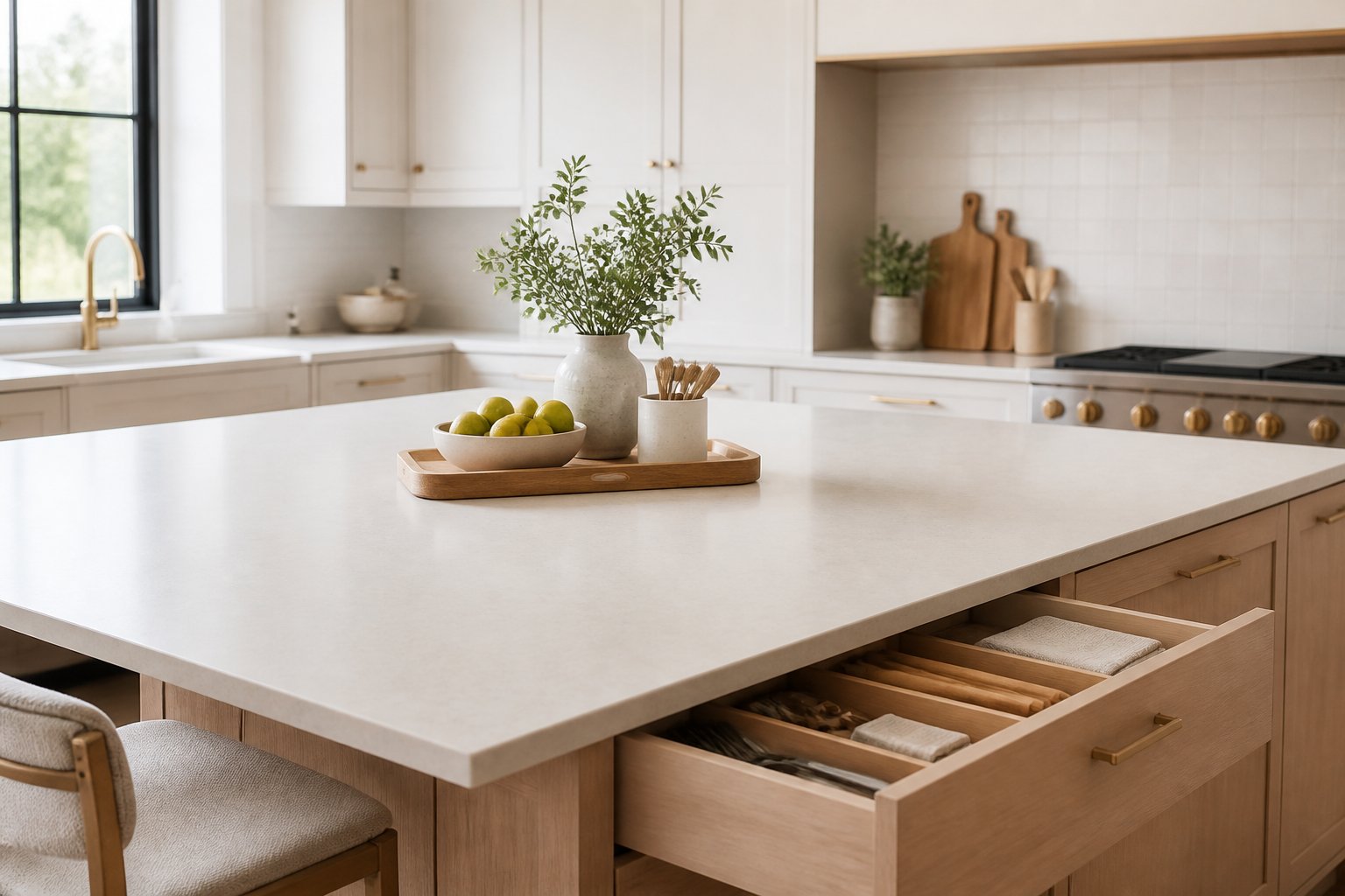 A bright modern kitchen with a mostly clear island and a few neatly organized items.