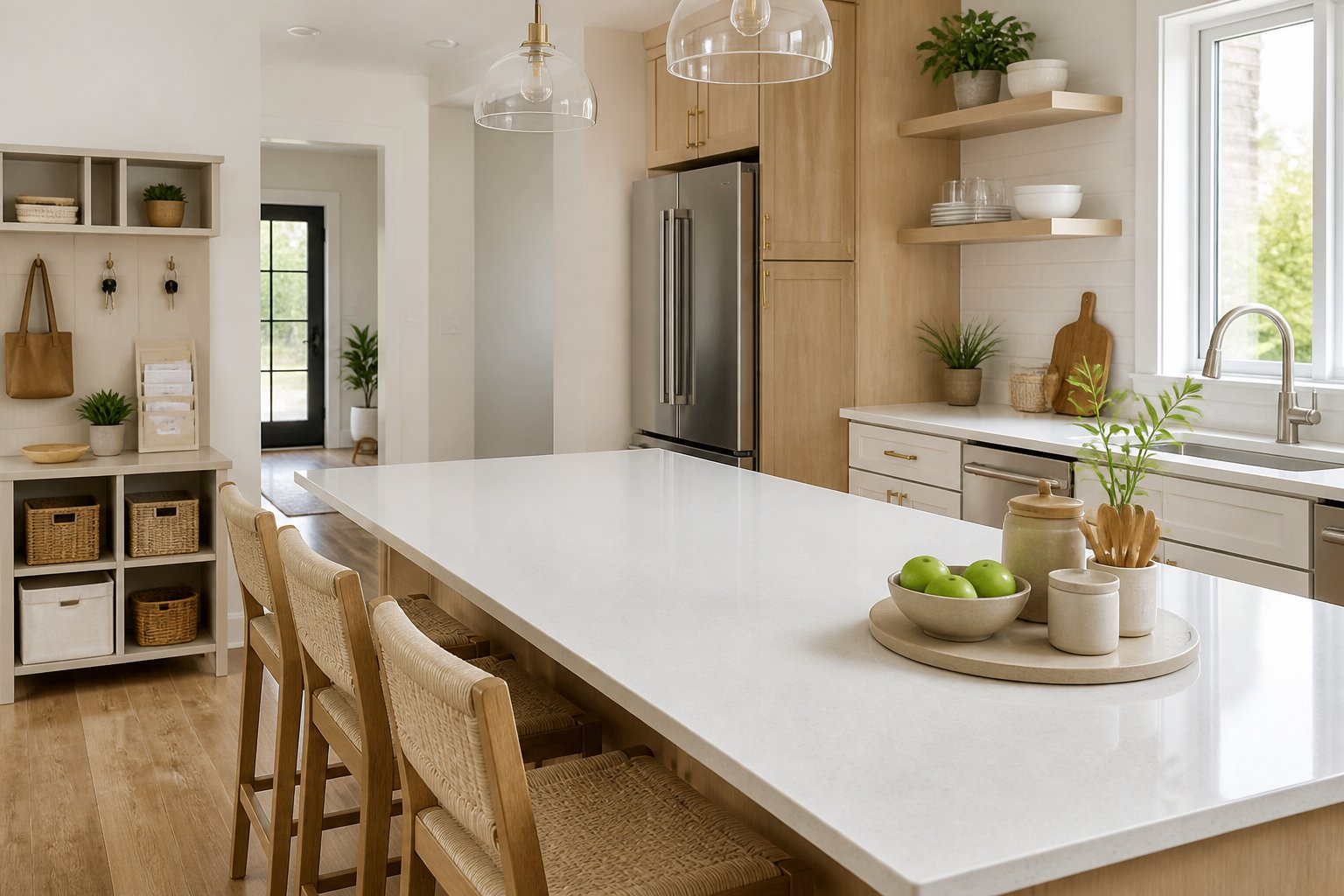 An organized modern kitchen with a mostly clear island and designated storage areas for everyday items.