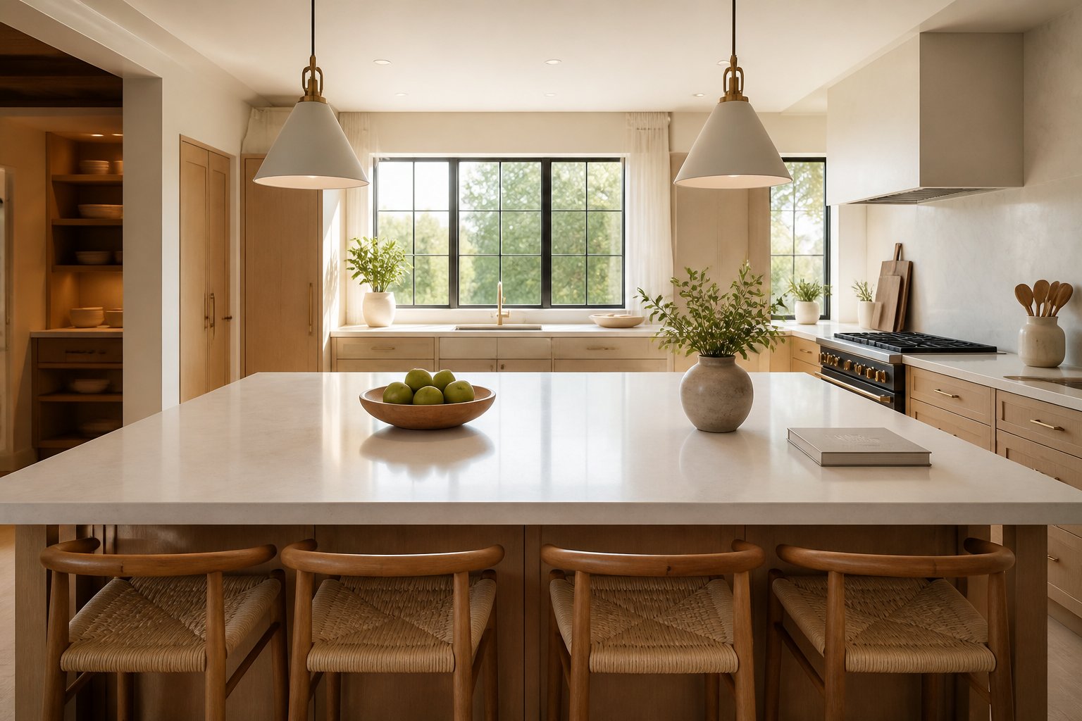 A bright modern kitchen with a mostly clear island and a few neatly arranged items.