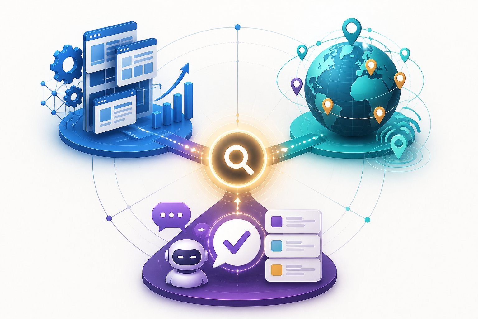 A professional illustration showing three connected digital search strategies converging around a central discovery hub, symbolized by website networks, a globe, and conversational answers.