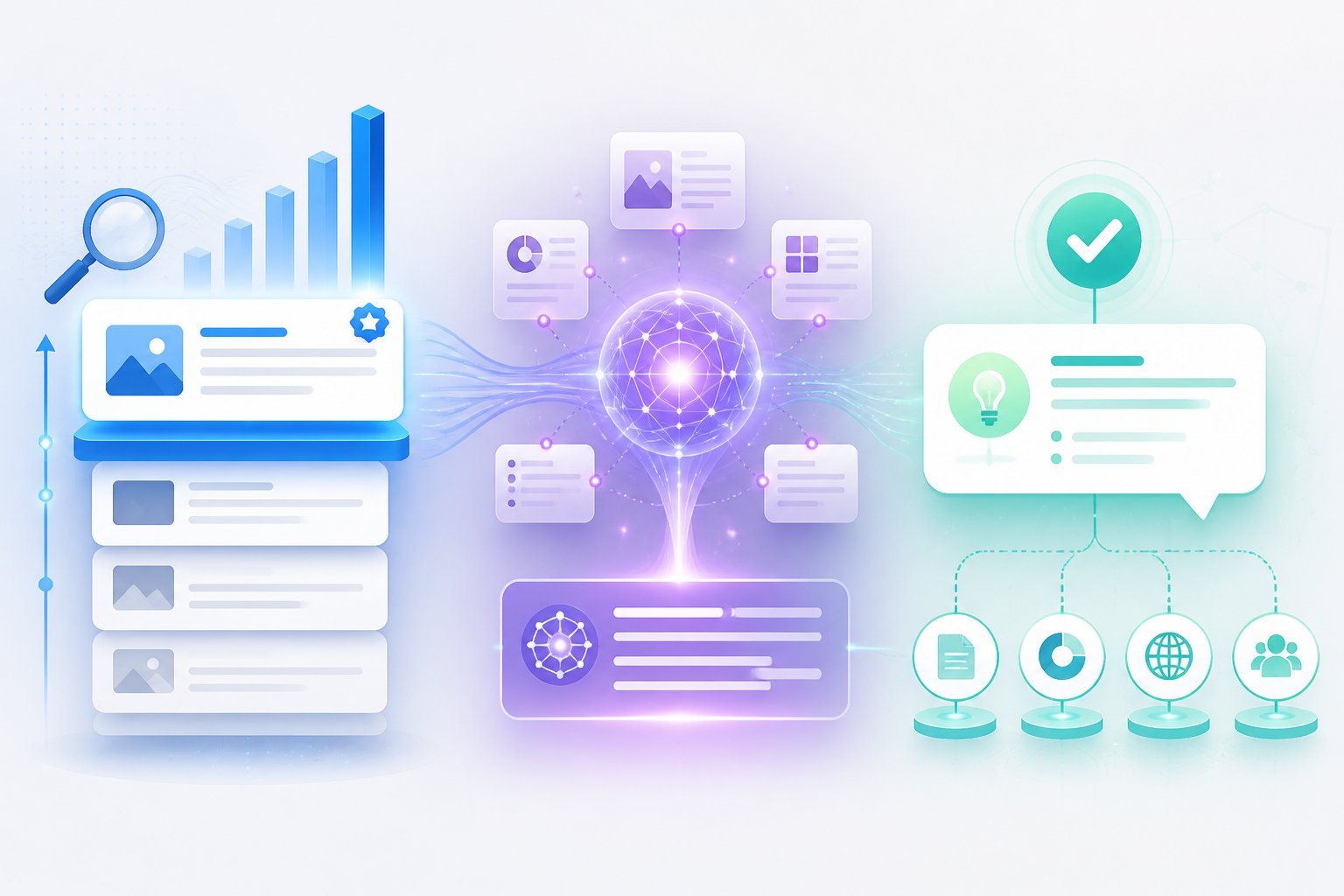 Three connected digital discovery concepts show ranked search results, AI-generated information, and a verified answer linked to sources.