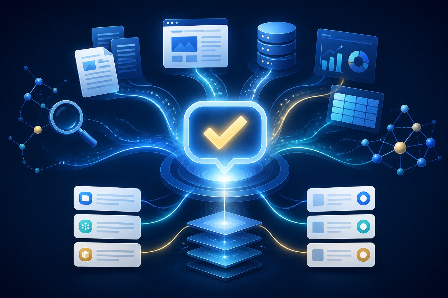 An interconnected digital knowledge system funnels information into a glowing central answer hub.