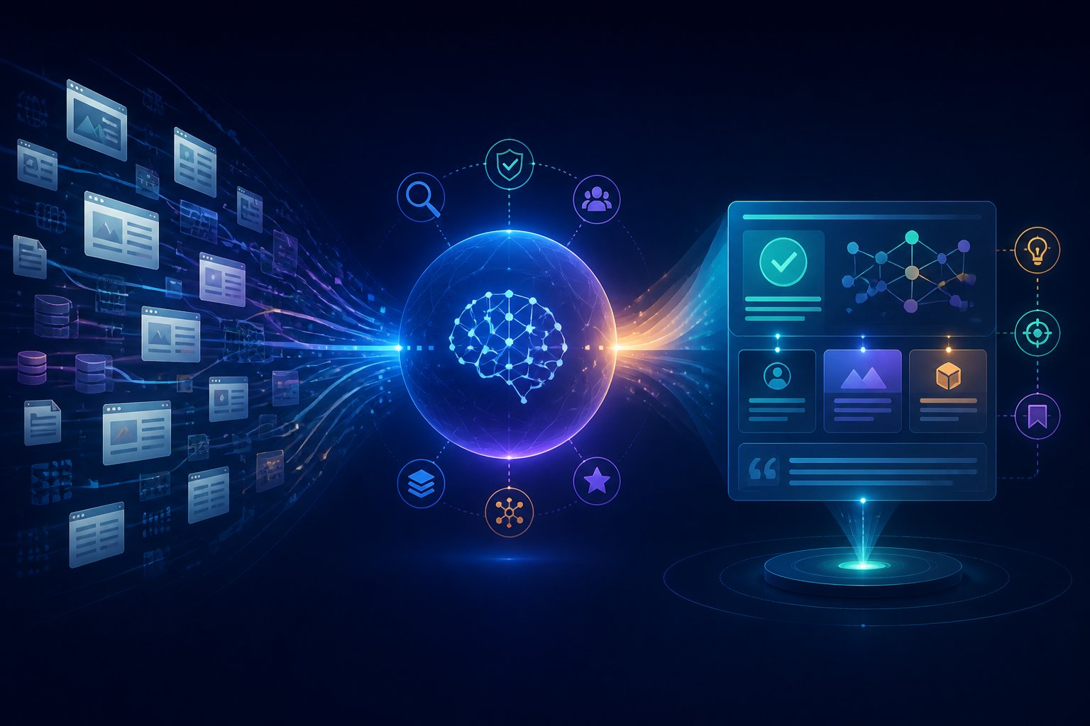 An AI answer engine gathers information from many digital sources and produces a clear synthesized response.