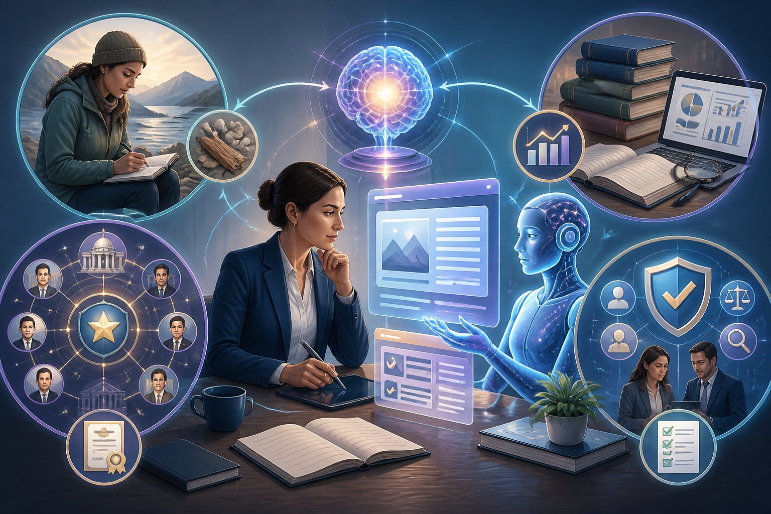 A content strategist reviews AI-generated material alongside symbols of experience, expertise, authority, and trust.