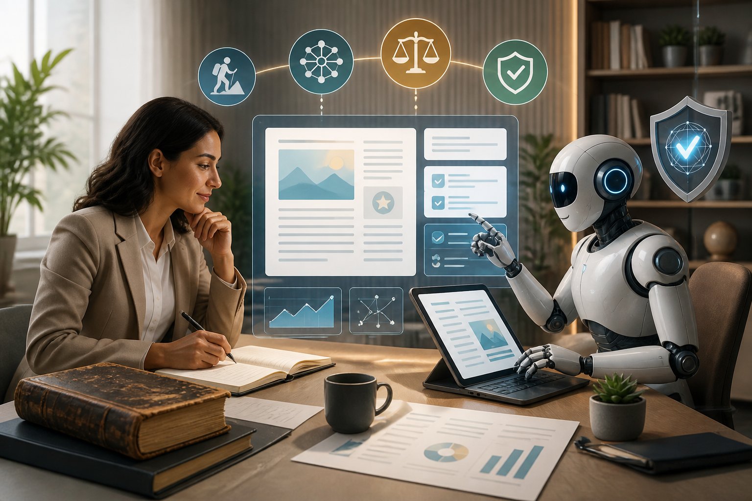 A content expert reviews AI-generated material while checking references and approving a trustworthy article.