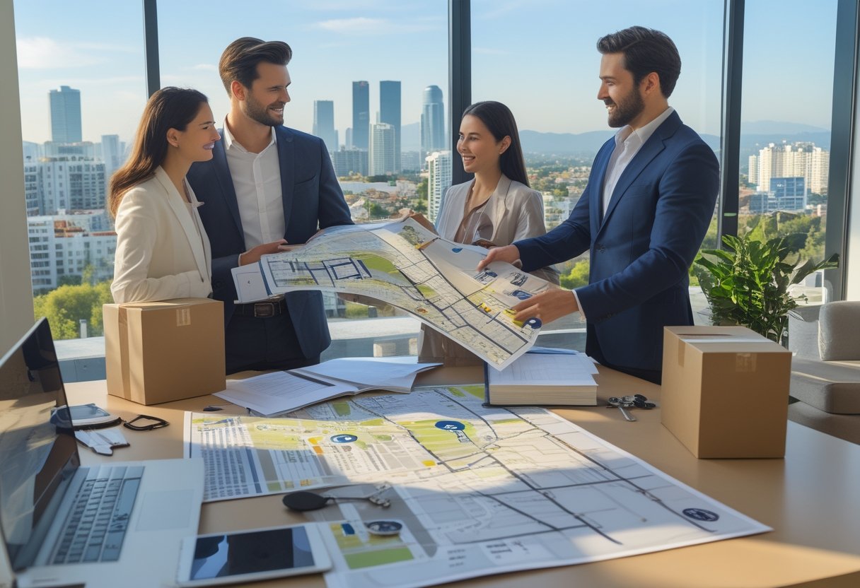 The Reddit Relocation Playbook: How Real Estate Agents Target High-Intent Buyers Moving to Their City on Local Subreddits for Under $1 a Click A real estate agent helps a couple plan their move to a new city using maps, housing materials, and moving boxes.