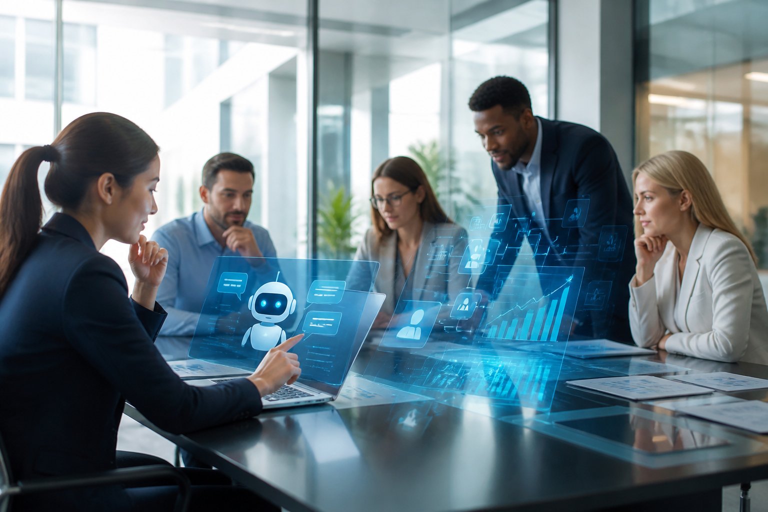 Business professionals collaborate in a modern office while one person uses an AI chatbot to manage digital workflows.