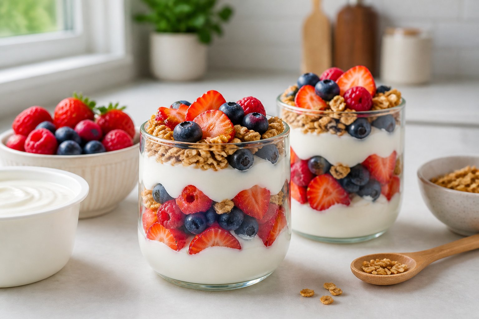 Two berry-filled Greek yogurt parfaits with granola sit on a kitchen counter beside bowls of ingredients.