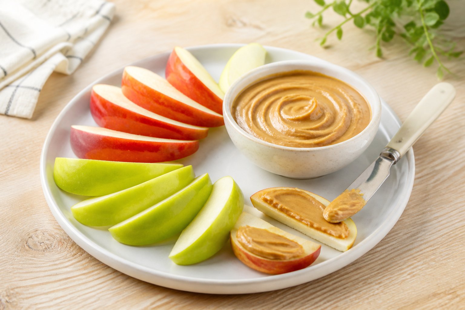 Apple slices arranged on a plate beside a small bowl of peanut butter and a child-safe knife.