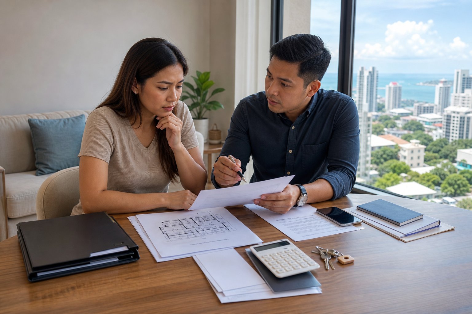 A prospective buyer and property representative review housing documents and a calculator at a table inside a Cebu condominium.
