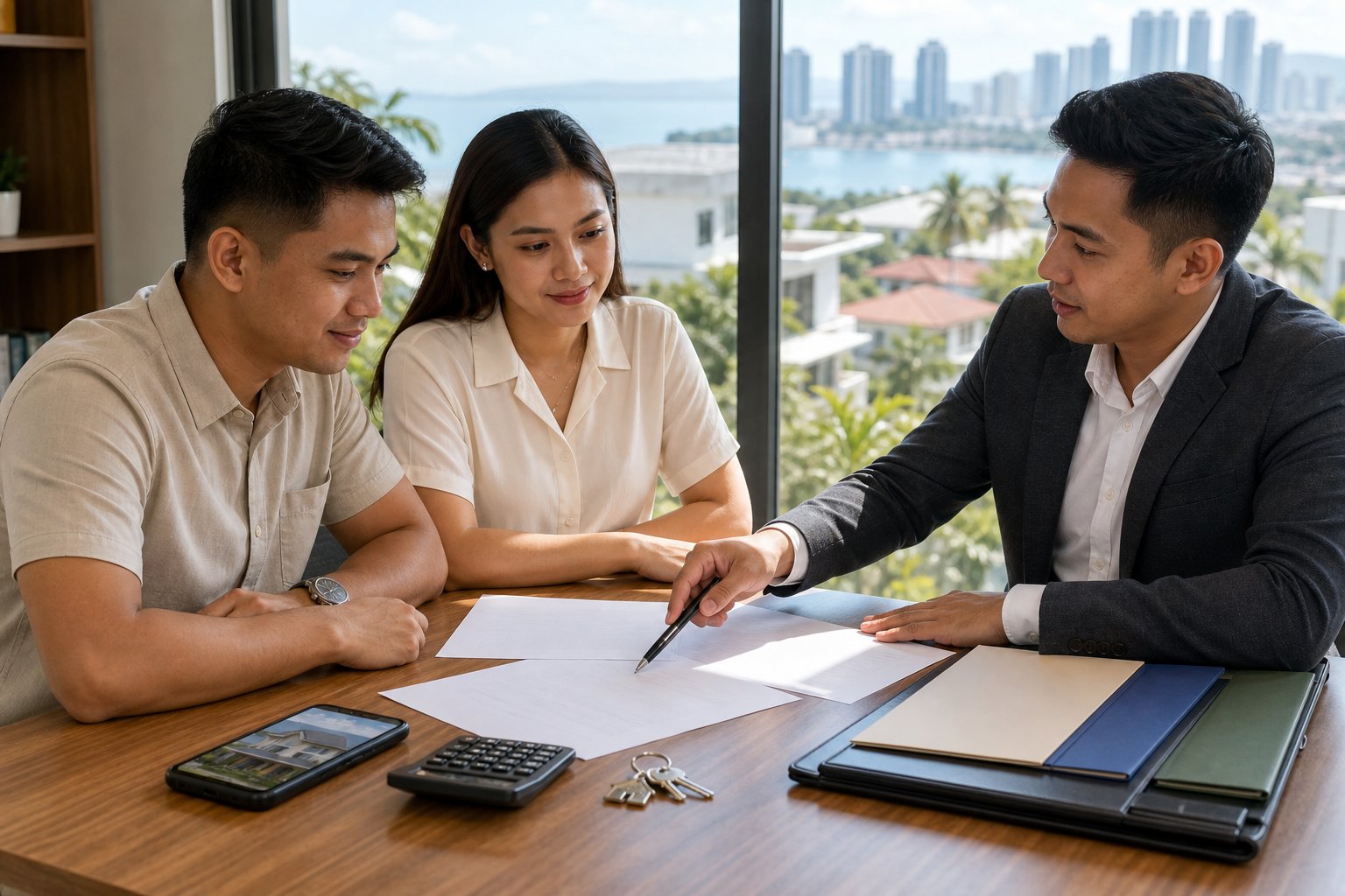 A Filipino couple consults a property advisor about buying a home while reviewing documents and house keys in a bright office.