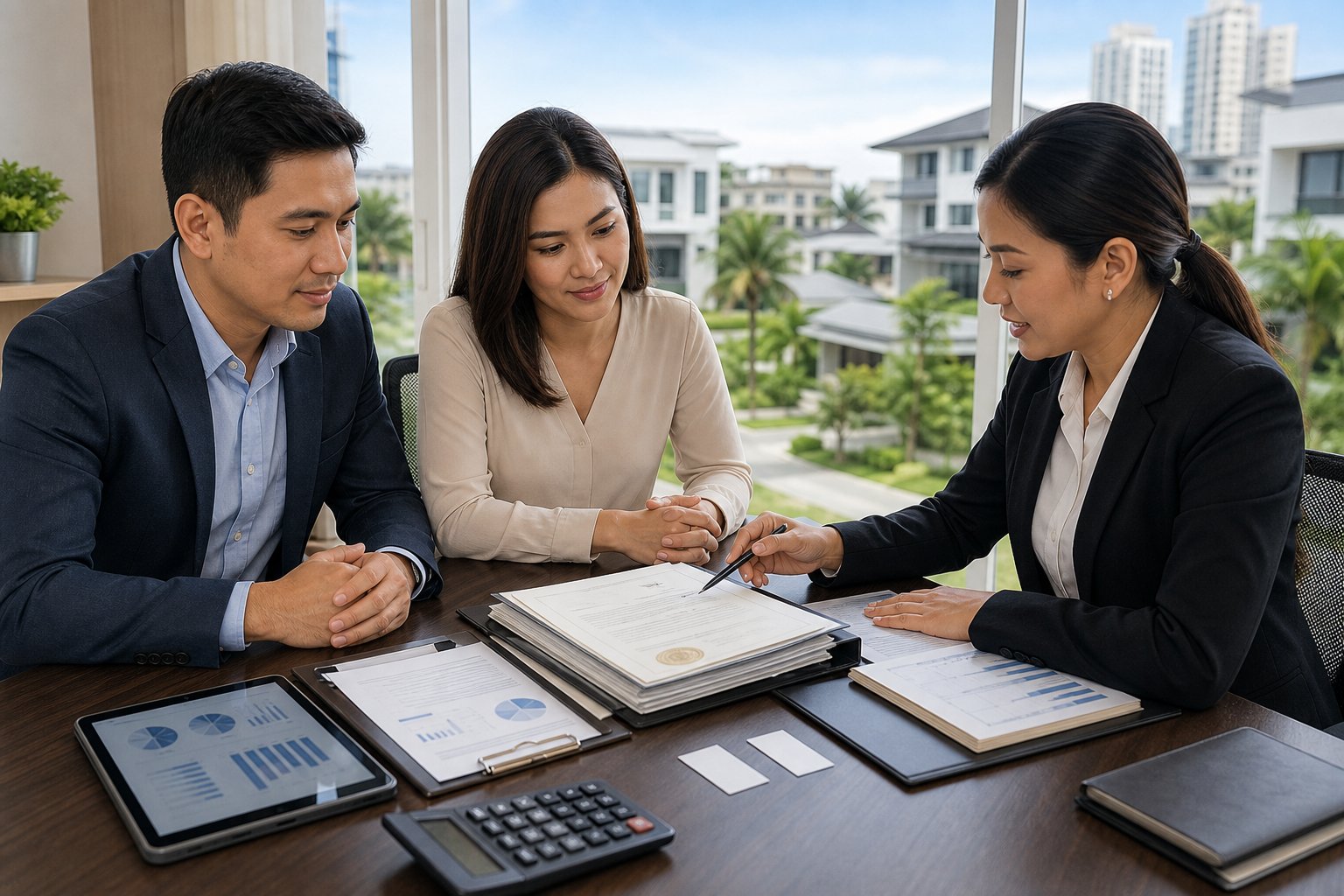 Two Filipino adults and a property professional review real estate and mortgage documents in a bright office.