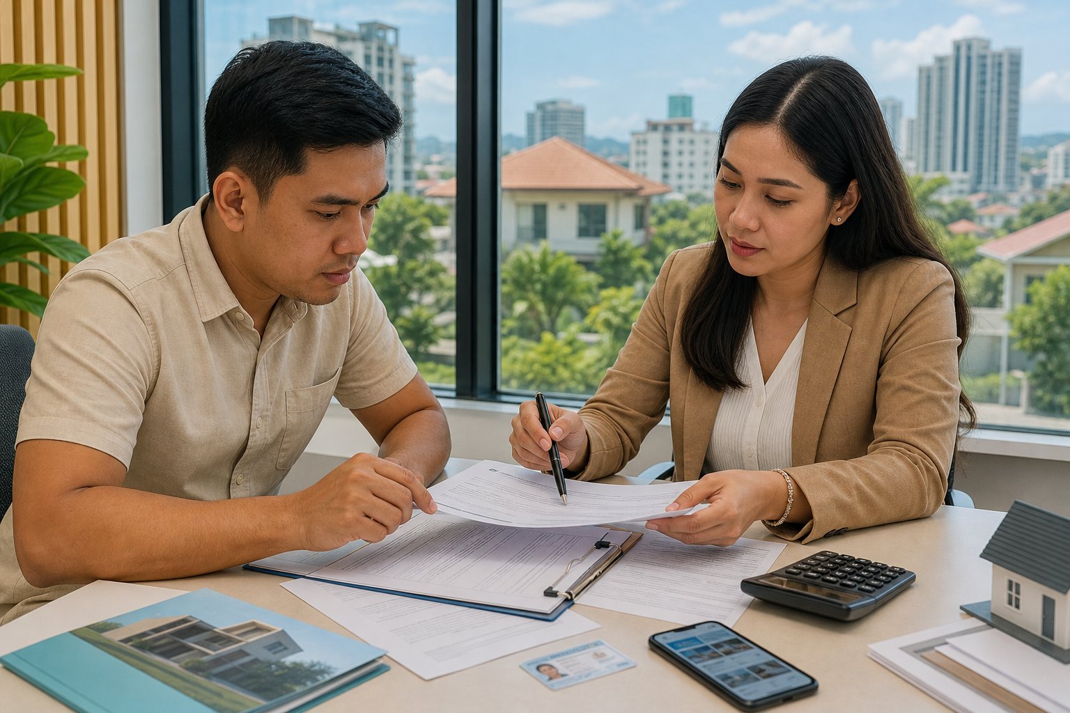 A Filipino buyer and real estate professional review property documents and financial papers at an office table.