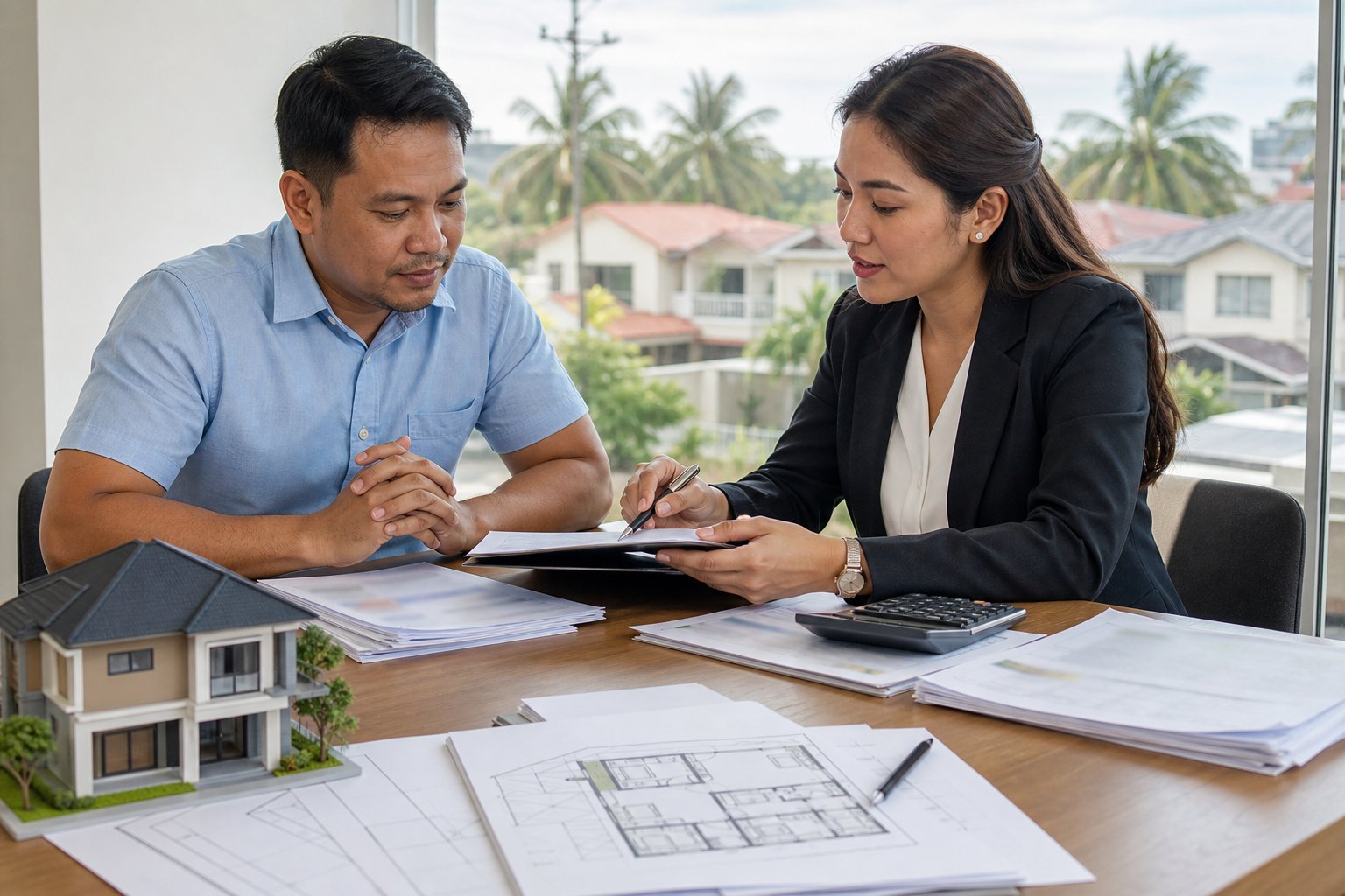 A Filipino buyer and real estate professional review property and financial documents beside a calculator and house plan.