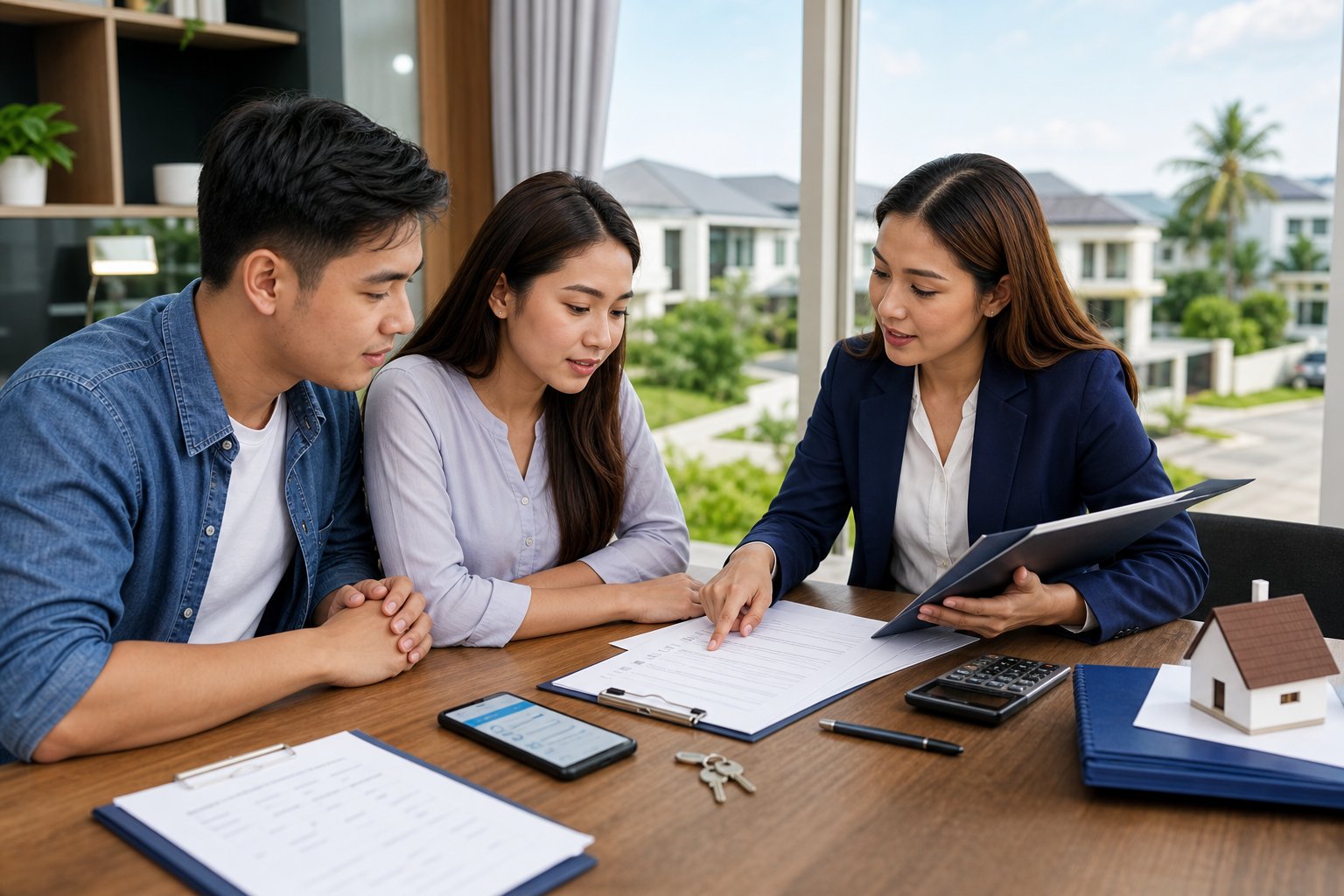 A Filipino couple reviews property transfer documents with a real estate professional in a bright office.
