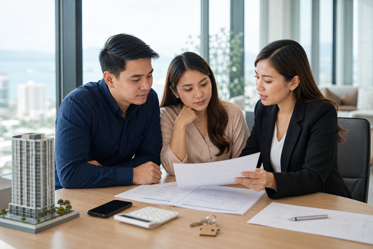 A Filipino couple consults a real estate professional while reviewing property documents at a table in a modern condominium office.