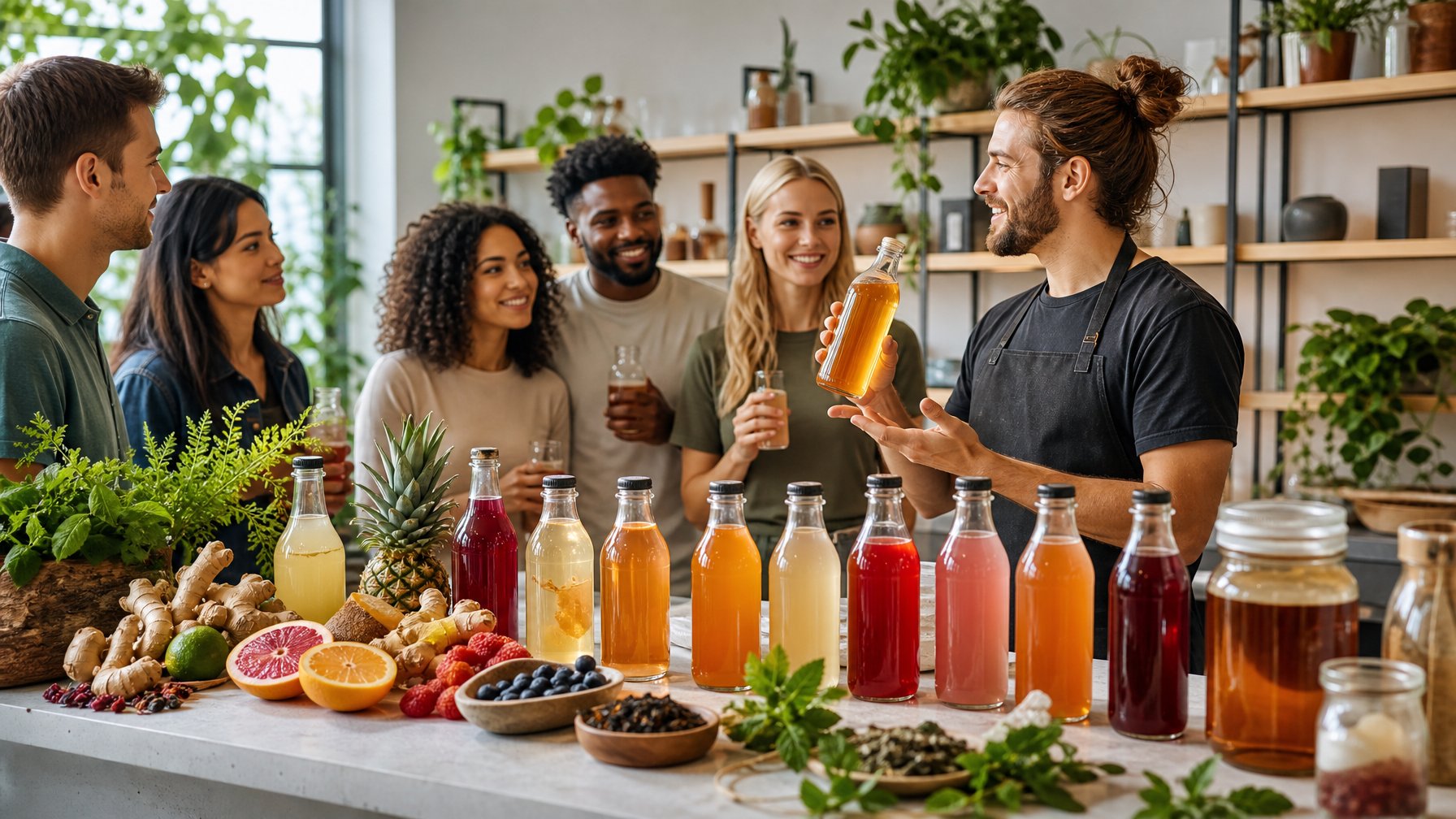 Beragam minuman fermentasi sehat tersusun di meja kafe modern dengan konsumen yang sedang menikmatinya.