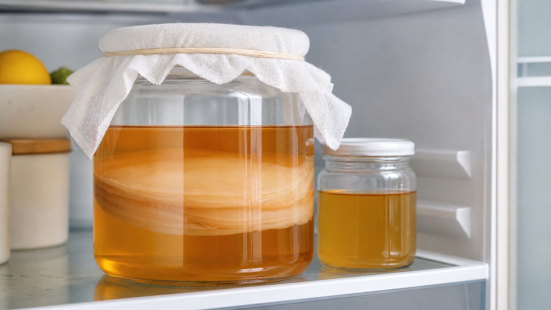 Stoples kaca berisi SCOBY kombucha yang terendam cairan starter di dalam kulkas.