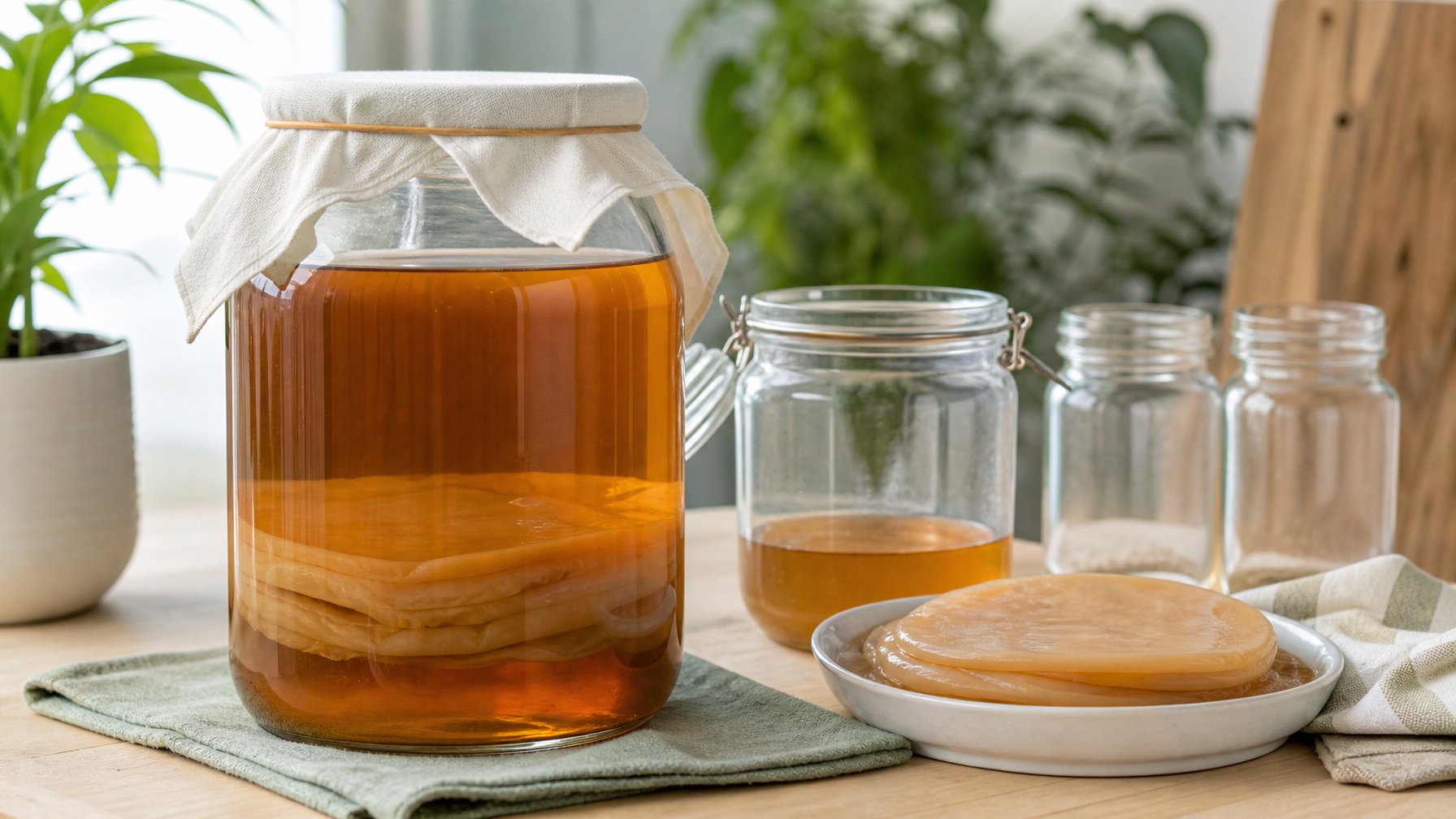 Stoples kaca berisi SCOBY kombucha yang terendam cairan dan disimpan secara higienis di atas meja dapur.