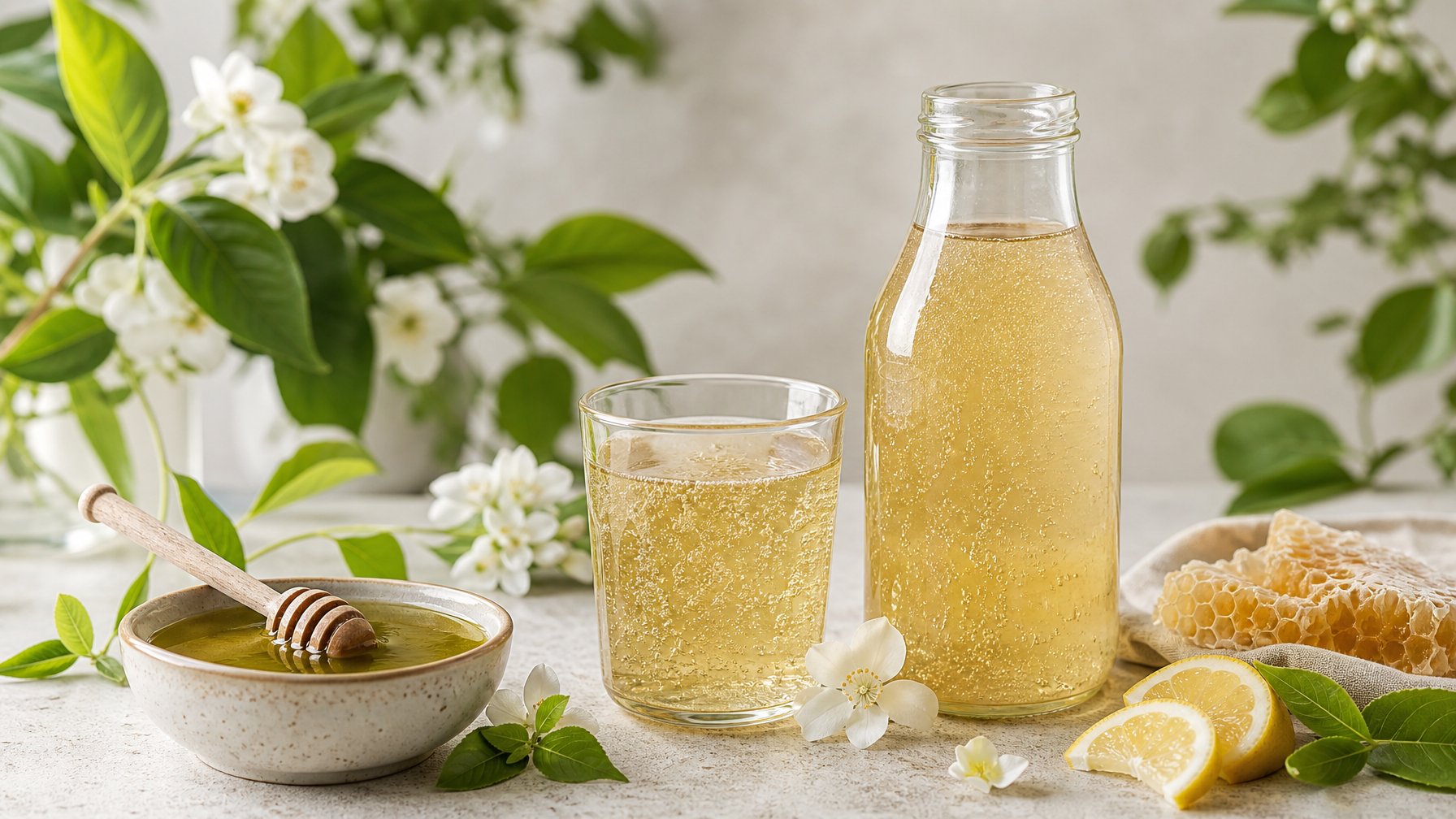 Botol dan gelas berisi teh jun berwarna keemasan dengan madu hijau, daun teh, bunga putih, dan irisan lemon di atas meja.
