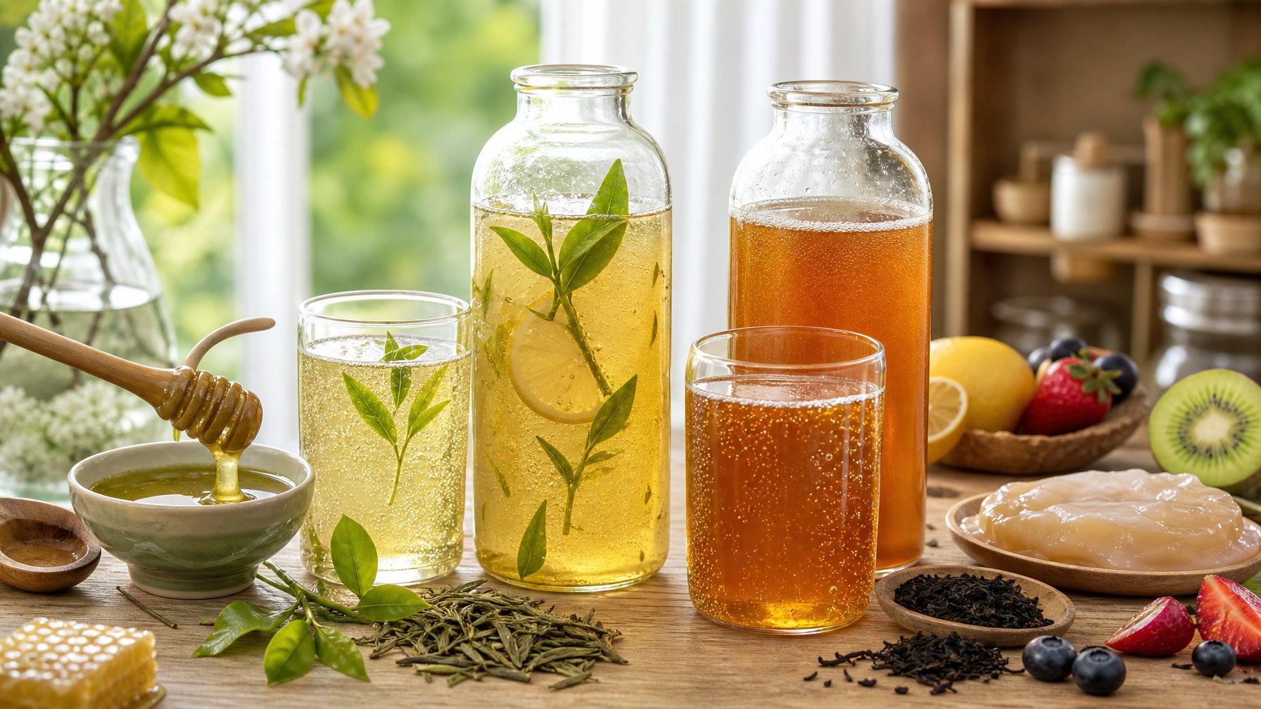 Dua minuman fermentasi dalam botol dan gelas, dengan teh Jun berwarna hijau keemasan serta madu dan teh hijau di samping kombucha berwarna lebih gelap.