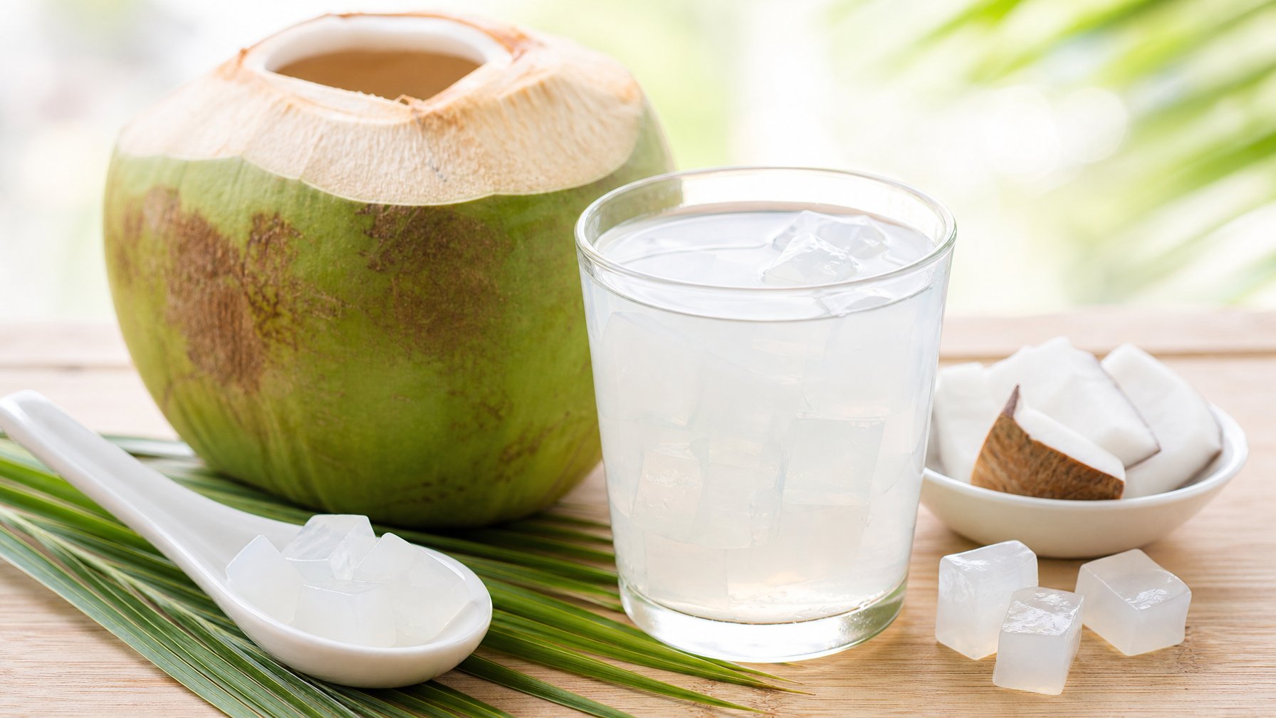 Segelas air kelapa dengan potongan nata de coco di atas meja, di samping kelapa muda yang dibuka.
