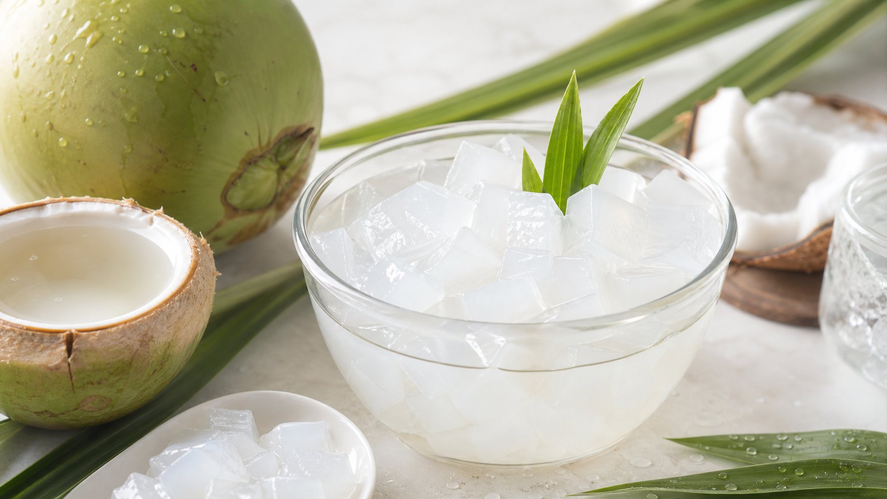Semangkuk nata de coco bening dengan kelapa muda, air kelapa, dan daun pandan di atas meja.