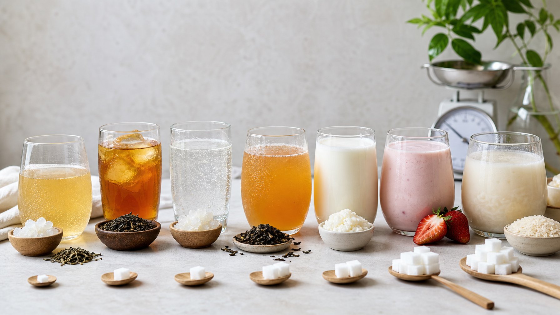 Beragam minuman fermentasi tersaji dalam gelas dengan bahan-bahan pendukung untuk membandingkan kandungan gula dan kalorinya.