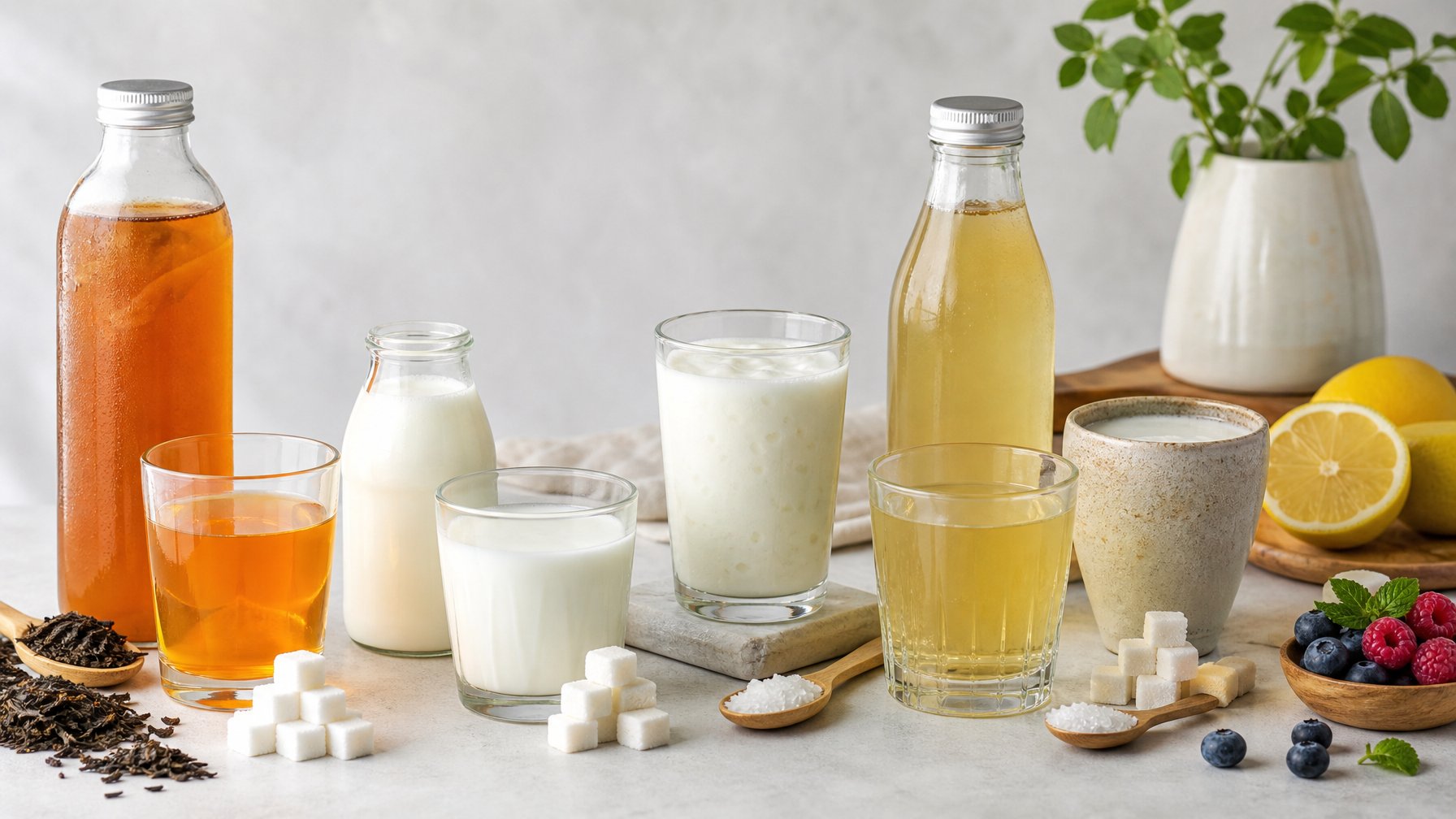 Beragam minuman fermentasi disusun bersama gula dan alat ukur untuk membandingkan kadar gula serta kalorinya.